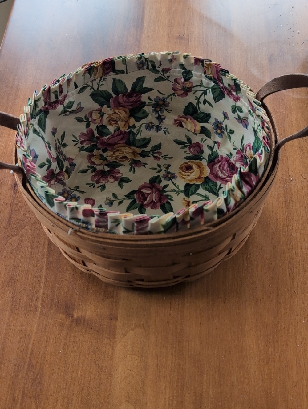 Longaberger Floral Lined Woven Darning  Basket - Cream, Rose, Yellow, Green